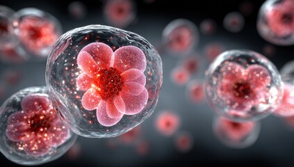 Microscopic cells, vibrant pink structures within transparent spheres,  float in a dark field