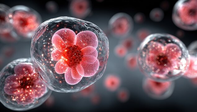 Microscopic cells, vibrant pink structures within transparent spheres,  float in a dark field