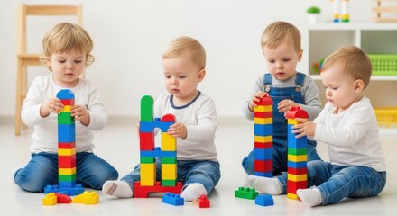 Four toddlers playing with colorful building blocks in a bright, well-lit room.