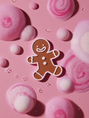 Gingerbread Cookie Surrounded by Pink Bubbles and Foam in a Vibrant and Festive Setting
