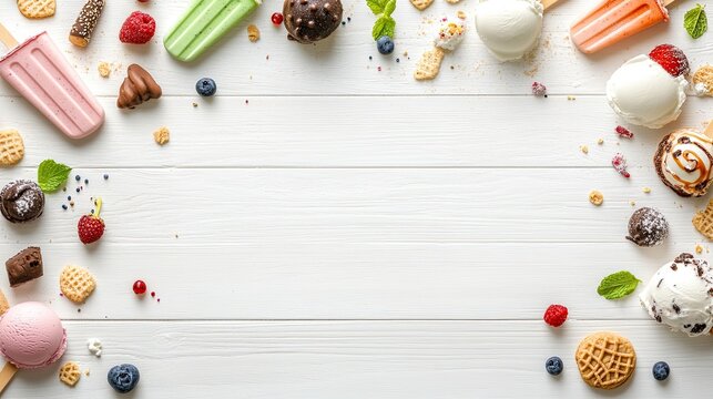 Ice cream popsicles and fruits on white table - Powered by Adobe
