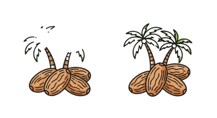 A contrasting pair of palm trees with dates, one depicted withered and the other thriving