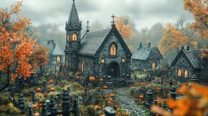 Haunted house decorated for halloween night with eerie and mysterious mood Halloween celebration concept