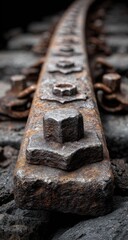 Close-up of rusted railway track fasteners