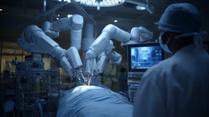 Robotic surgery in a hospital operating room with a doctor in scrubs