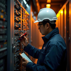 Asian electrical engineer in safety helmet inspecting electrical panel with tools and digital tablet, indoor building site lighting, realism photography style.