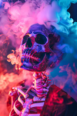 A creepy skeleton appears in a colored mist, creating a spooky Halloween scene Halloween celebration concept