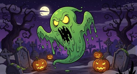 scary green ghost in spooky graveyard halloween night