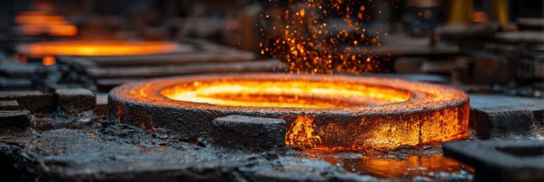 Molten metal pouring in a foundry during evening hours with glowing furnaces and sparks flying