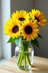 Fototapeta premium Sunflowers burst in clear glass vase Elegant summer bouquet , vibrant, petals, rustic