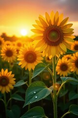 Obraz premium Sunflowers facing the rising sun, dew-kissed petals , tall, summer