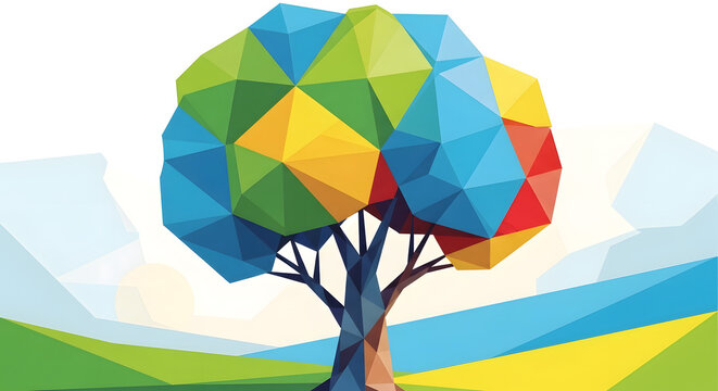Colorful geometric tree illustration on a beautiful landscape background