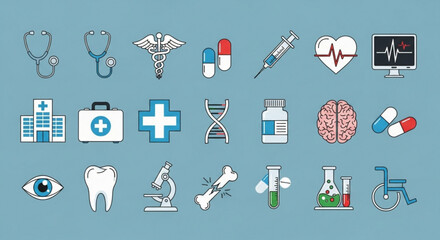 Collection of medical icons representing various healthcare elements, including stethoscope, dna, brain, tooth, and other medical symbols on a blue background