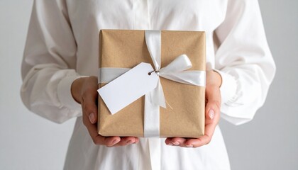 Hand holding a gift wrapped with a blank label