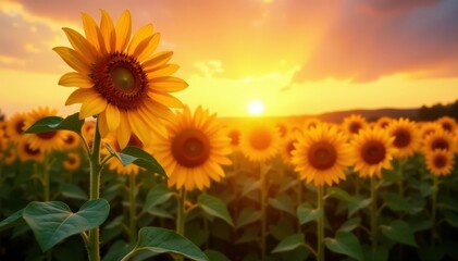 Obraz premium Tall sunflowers bathed in sunset's glow, shadows lengthening , golden hour, sunset colors