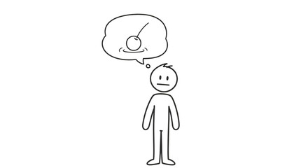 Stick figure person thinking about a smiling cherry. Simple line art illustration of contemplation, ideas, or whimsical thoughts.