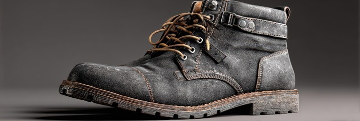 Durable gray leather boot with lace-up design and rugged sole showcasing craftsmanship and style for outdoor adventures