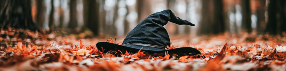 Witch hat rests on fallen leaves in the forest symbolizing mystery and halloween magic