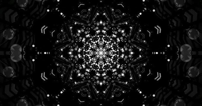 AI-generated abstract of glowing white orbs and circuitry forming a symmetrical digital pattern