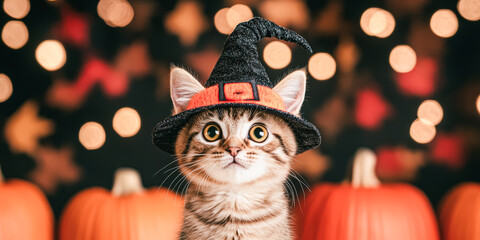 Small kitten wears a witch hat looking both cute and spooky on halloween night