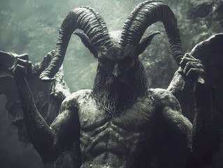 beast or devil on a green background in the fog, symbolizing the horror and fear of Halloween.