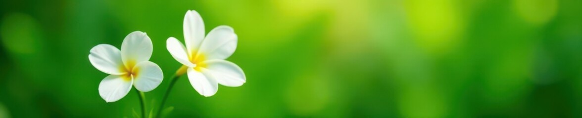 Fototapeta premium Two pristine white blossoms, one emphasized, lush green backdrop , vegetation, depth of field