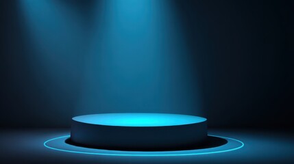 Beautiful photo of vibrant photo of 3D render, abstract blue background with a glowing podium platform for product presentation. Mock-up scene with a round pedestal in a dark room.