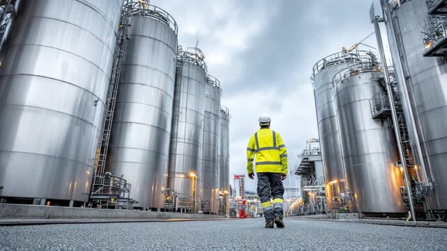 Industrial Landscape: An individual in protective attire surveys a sprawling industrial complex, surrounded by towering silos under a cloudy sky.