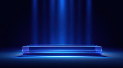 Beautiful photo of vibrant photo of 3D realistic empty blue podium stand with blue neon laser lines backdrop on dark blue background modern technology style.