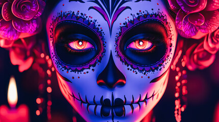 Womans face painted in skeleton or santa muerte style creating haunting halloween look