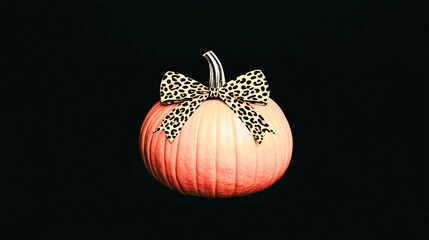 Pumpkin with a cute bow stands on a dark background combining festive and spooky vibes