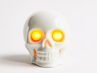 Skull with glowing eyes used as Halloween decoration on white background
