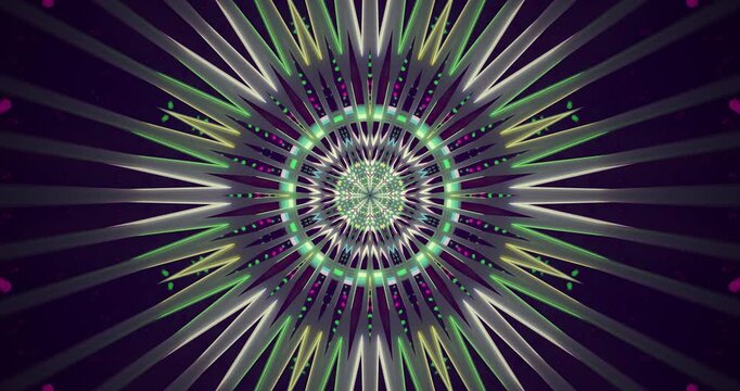 AI-generated abstract of a vibrant starburst pattern with green, purple, and glowing light effects