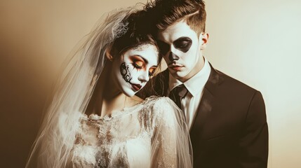 Couple in love, painted with terrifying Halloween makeup, posing together in a spooky holiday mood