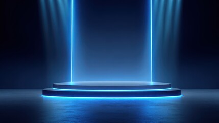 Beautiful photo of vibrant photo of 3D realistic empty blue podium stand with blue neon laser lines backdrop on dark blue background modern technology style.