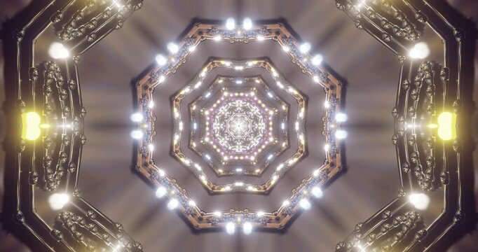 AI-generated abstract of symmetrical lights forming an octagonal tunnel with bright purple hues
