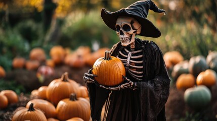 A skeleton in a hat and robe holds a pumpkin, creating a spooky Halloween scene. Halloween celebration concept