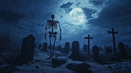Skeleton stands on a graveyard in the dark night adding mystery and horror Halloween celebration concept banner