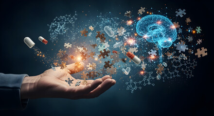 Open Hand with Floating Puzzle Pieces and Brain Hologram Against Dark Backdrop