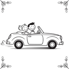 Obraz premium Romantic Road Trip: A charming cartoon illustration of a couple joyfully driving in a vintage convertible, filled with the essence of a road trip adventure.