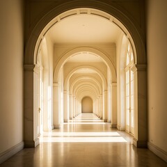 Fototapeta premium Elegant sunlit corridor with repeating arches, columns, and a polished marble floor.