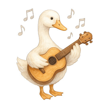 Duck playing guitar with musical notes, cute animal illustration