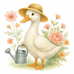 Cute duck with hat holding watering can and flowers