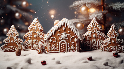 Decorated Gingerbread House with Sugar Glaze Surrounded by Fir Trees — Merry Christmas