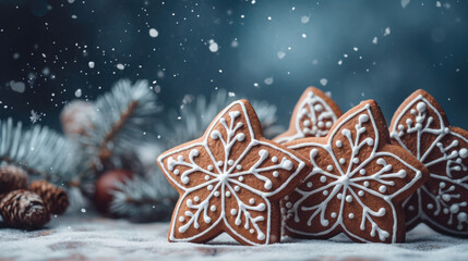 Decorated Gingerbread House with Sugar Glaze Surrounded by Fir Trees — Merry Christmas