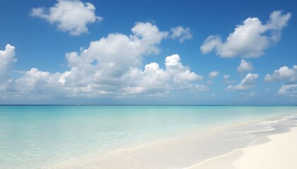 Fototapeta premium Tranquil beach scene with pristine white sand and turquoise water under a bright blue sky with fluffy clouds.