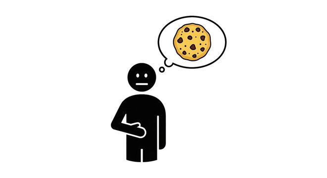 Hungry Stick Figure Craving Chocolate Chip Cookie. Food Desire, Sweet Treat Temptation, Hunger Pangs Concept.