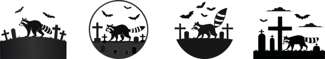 A series of silhouettes featuring animals, gravestones, and bats, creating a spooky atmosphere suitable for Halloween.