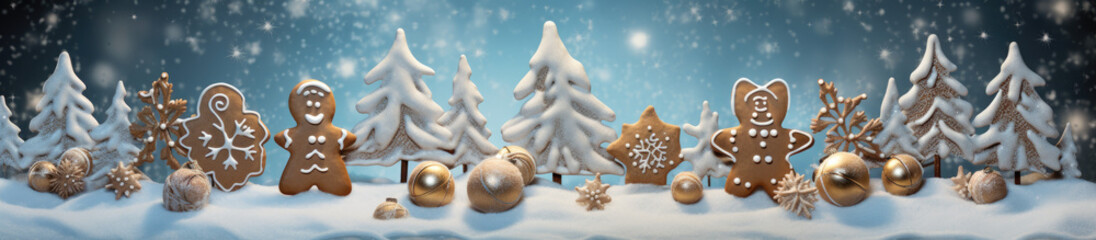 Decorated Gingerbread House with Sugar Glaze Surrounded by Fir Trees — Merry Christmas