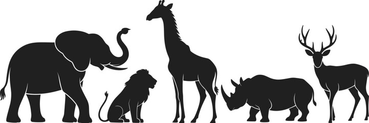 African wildlife animal silhouettes, elephant, lion, giraffe, rhino, antelope, black vector icons, safari creatures, nature illustration, wild animals